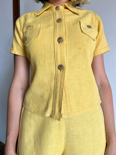 Vintage 1930's - Early 1940's Yellow Sportswear Set, Wooden Buttons