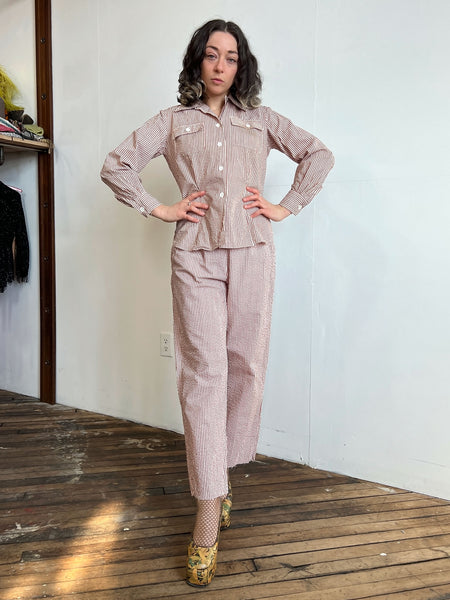 Vintage 1940's Women's Striped Seersucker Blouse and Pants Set, WW2