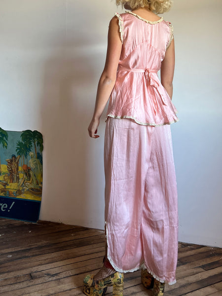 Vintage 1930's Silk Satin Pajama Set, Top and Wide Leg Pants, Lingerie, 30's 40's