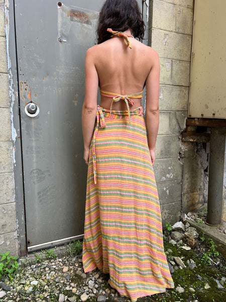 Vintage 1970's Cotton Gauze Hippie Halter Top and Wrap Skirt Set