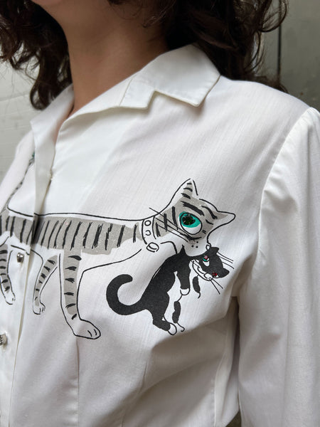 Rare Vintage 1950's Mid Century Cat Blouse and Velvet Appliqué Pants Set