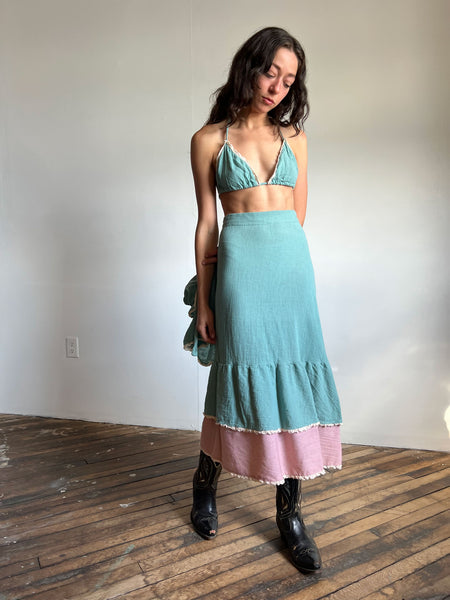 Vintage 1960's Seafoam Blue and Pink 3 Piece Dress Set, Skirt, Bra Top and Blouse