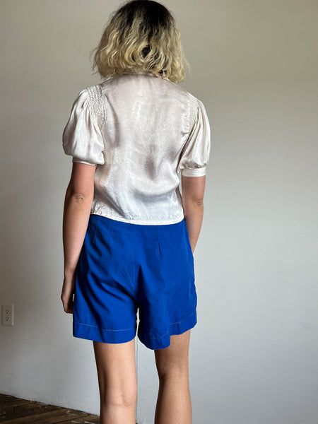 Vintage 1930's White Puff Sleeve Blouse, Glass Buttons