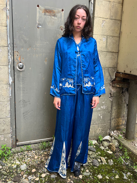 Antique 1920's Blue Silk Satin Three Piece Loungewear Set