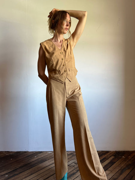 Vintage 1970's Camel Colored Vest and Pants Set, Women's