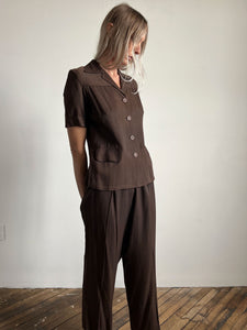 Vintage 1940's Sportswear Brown Two Piece Women's Set , Slack Suit with Small Pin Striping