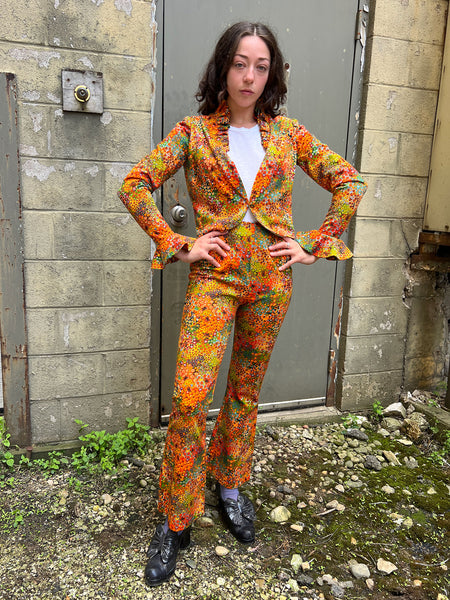 Vintage 1970's Three Piece Orange Floral Set - Matching Jacket, Pants and Skirt