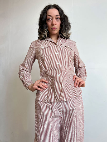 Vintage 1940's Women's Striped Seersucker Blouse and Pants Set, WW2