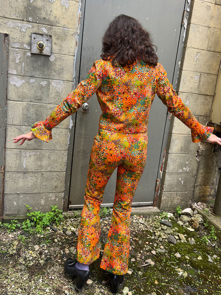 Vintage 1970's Three Piece Orange Floral Set - Matching Jacket, Pants and Skirt