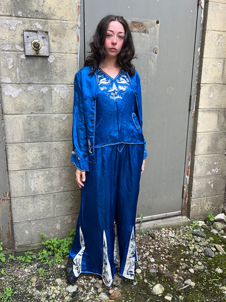 Antique 1920's Blue Silk Satin Three Piece Loungewear Set