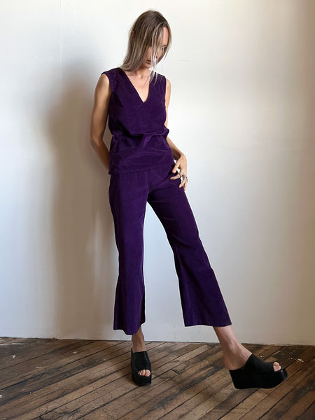 Vintage 1960's Purple Corduroy Pant Set, Top and Pants, Women's 60's Retro