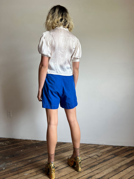 Vintage 1930's White Puff Sleeve Blouse, Glass Buttons