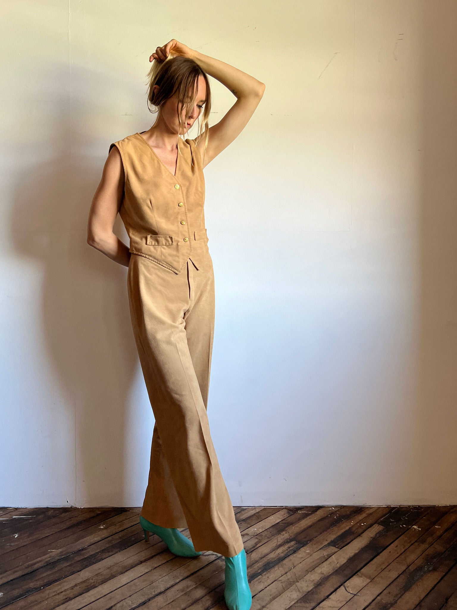 Vintage 1970's Camel Colored Vest and Pants Set, Women's