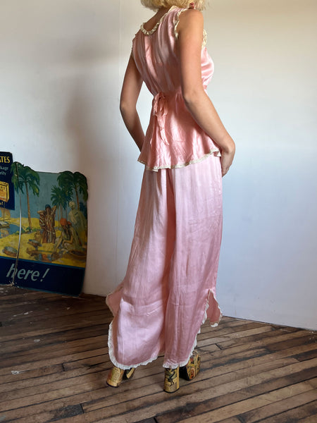 Vintage 1930's Silk Satin Pajama Set, Top and Wide Leg Pants, Lingerie, 30's 40's