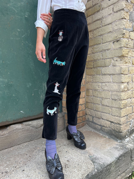 Rare Vintage 1950's Mid Century Cat Blouse and Velvet Appliqué Pants Set