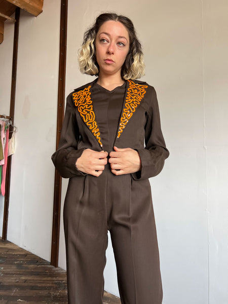Vintage 1940's Brown Jumpsuit, Sash and Sequined Jacket, Tap Costume