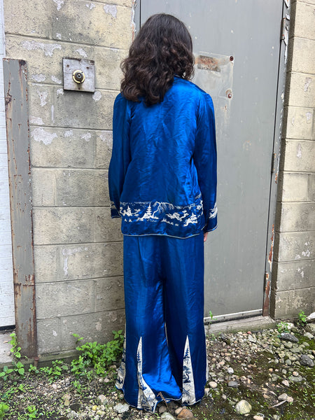Antique 1920's Blue Silk Satin Three Piece Loungewear Set