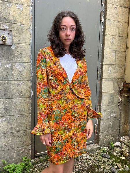 Vintage 1970's Three Piece Orange Floral Set - Matching Jacket, Pants and Skirt