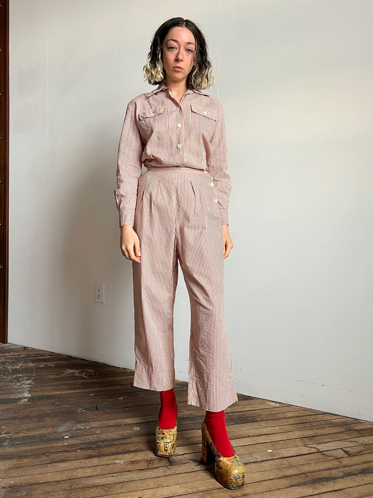 Vintage 1940's WW2 Era Women's Uniform Set, Striped Seersucker, Blouse and Pants, Military