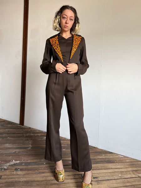 Vintage 1940's Brown Jumpsuit, Sash and Sequined Jacket, Tap Costume