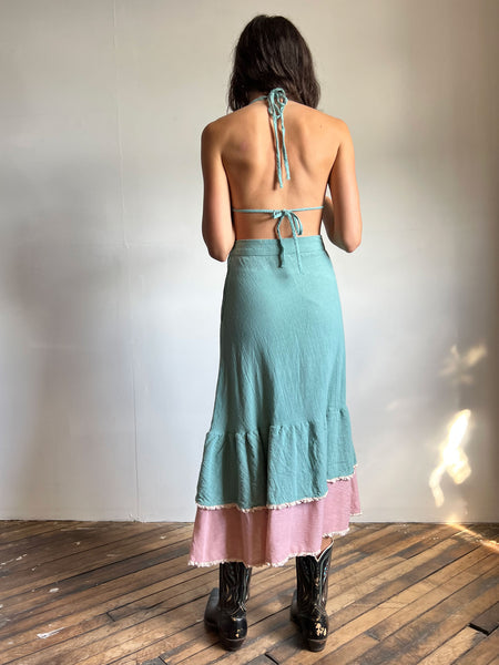 Vintage 1960's Seafoam Blue and Pink 3 Piece Dress Set, Skirt, Bra Top and Blouse