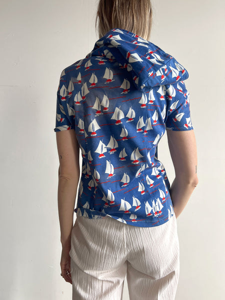 Vintage 1960's - 1970's Novelty Print Sailor Boat Shirt, Hooded, 60's - 70's
