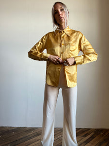 Vintage 1940's 1950's Gold Satin Button Up Shirt, Western, 40's 50's