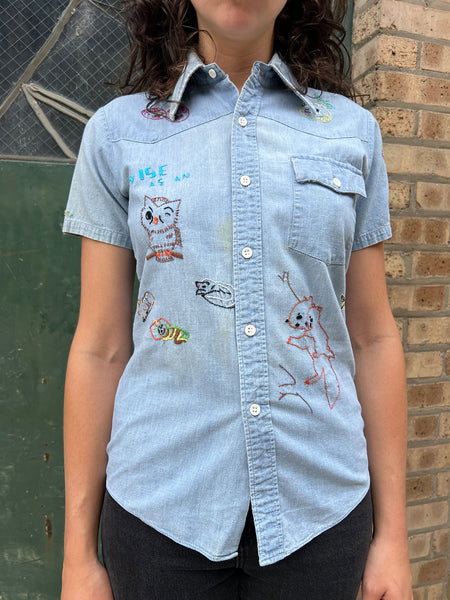 Vintage 1970's Embroidered Vitamin Parade Chambray Button Down