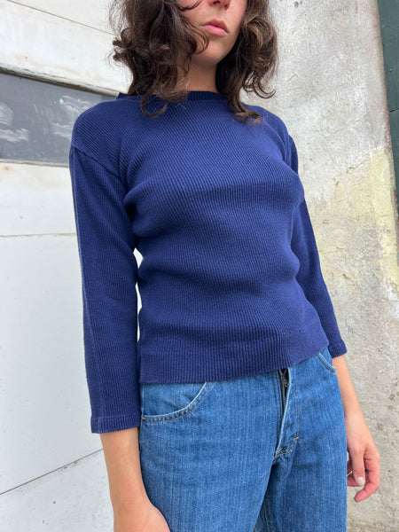 Vintage 1960's Deep Blue Ribbed Cotton Long Sleeve Shirt