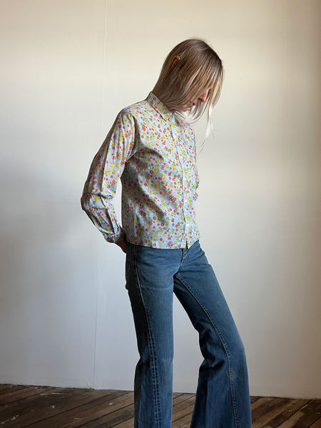 Vintage 1960's - 1970's Women's Floral Button Up Shirt, Long Sleeved, Combed Cotton, Hippie