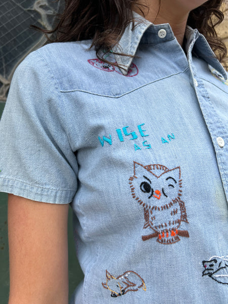 Vintage 1970's Embroidered Vitamin Parade Chambray Button Down