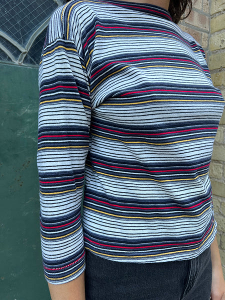 Vintage 1950's Striped Boat Neck Three Quarter Sleeve Cotton Top