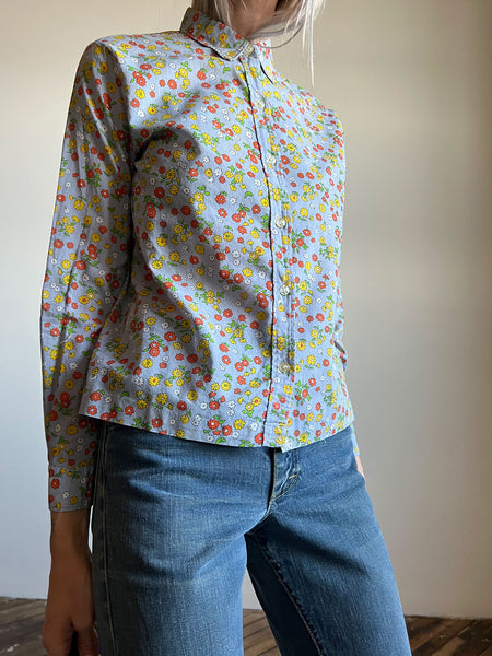 Vintage 1960's - 1970's Women's Floral Button Up Shirt, Long Sleeved, Combed Cotton, Hippie