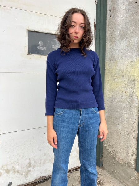 Vintage 1960's Deep Blue Ribbed Cotton Long Sleeve Shirt