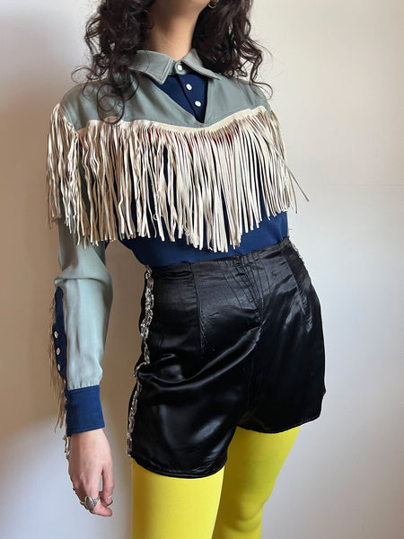Vintage 1940's Authentic Rodeo Western Top with Pearl Snap Buttons and Long Leather Fringe