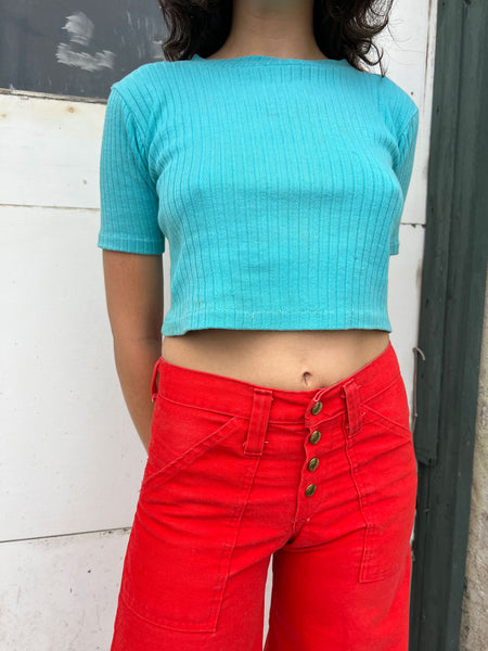 Vintage 1960's Blue Cotton RIbbed Crop Top