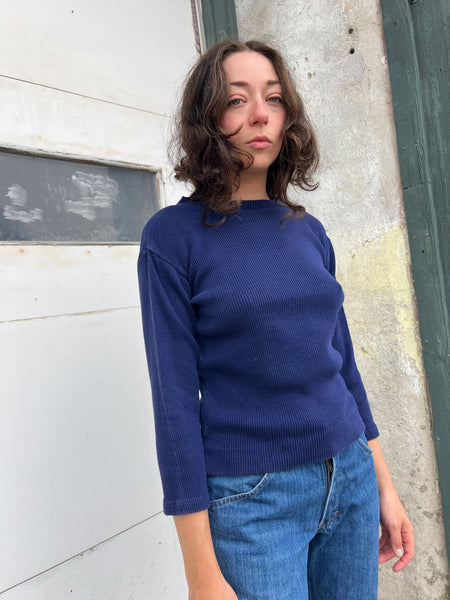Vintage 1960's Deep Blue Ribbed Cotton Long Sleeve Shirt