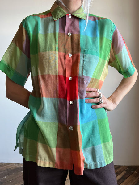 Vintage 1950's Early 1960's Multicolored Button Up Loop Collar Shirt