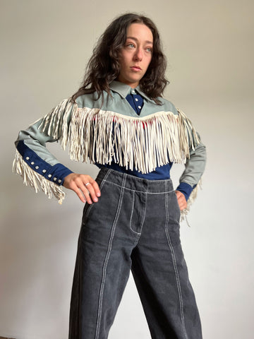 Vintage 1940's Authentic Rodeo Western Top with Pearl Snap Buttons and Long Leather Fringe