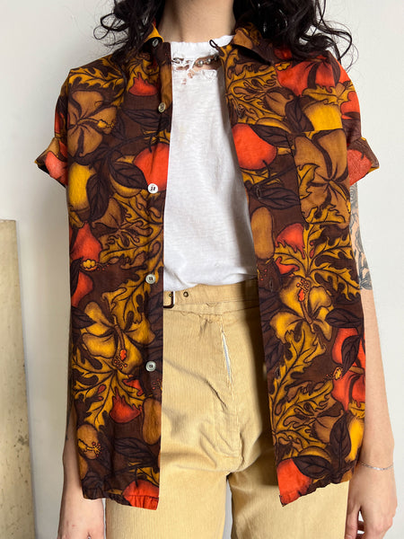 Vintage 1960's Loop Collar Cotton Button Up Shirt by Cranbrook California, Hawaiian Tropical Print