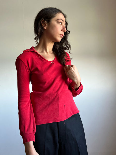 Vintage 1960's Red Long Sleeved Shirt, Thrashed, 60's Cotton