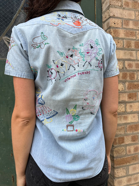 Vintage 1970's Embroidered Vitamin Parade Chambray Button Down