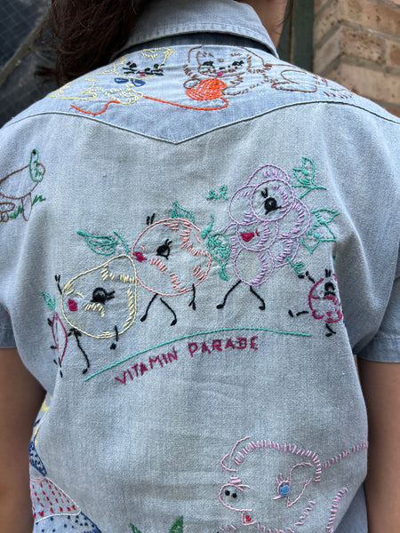 Vintage 1970's Embroidered Vitamin Parade Chambray Button Down
