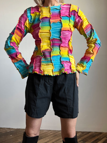 Vintage 1990's Rainbow Bright Patchwork Cotton Long Sleeved Shirt, 90's Rave