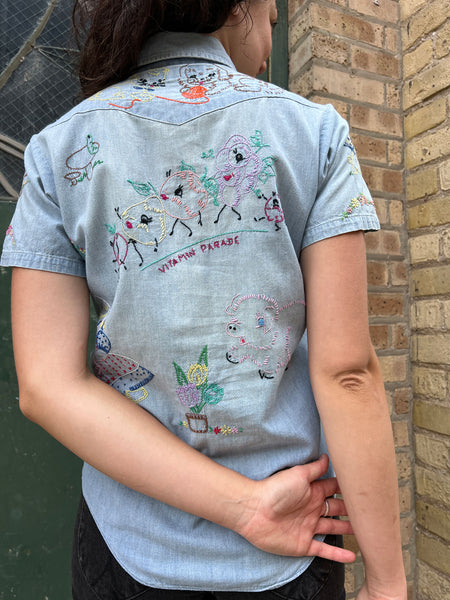 Vintage 1970's Embroidered Vitamin Parade Chambray Button Down