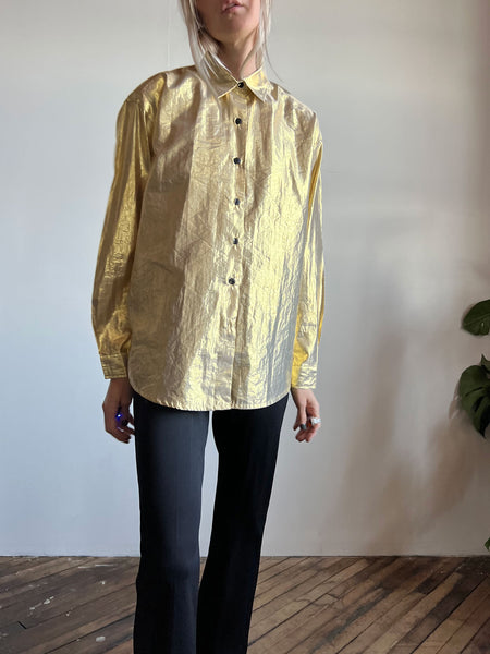 Vintage 1980's 1990's Metallic Gold Button Up Shirt, Esprit L