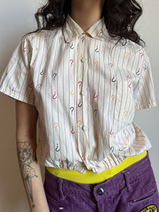 Vintage 1940's - 1950's QUESTION MARK Button Up Short Sleeved Blouse Novelty Print Loop Collar