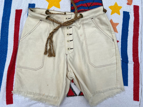 Vintage 1960's - 70's White Button Fly Shorts with Robe Belt