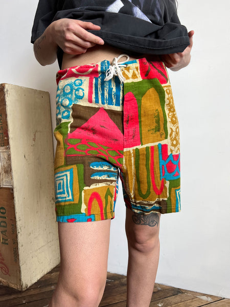Vintage 1950's 1960's Batik Cotton Drawstring Shorts