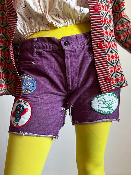 Vintage 1970's Patchwork Shorts, Diver Funny Kitsch, 70's